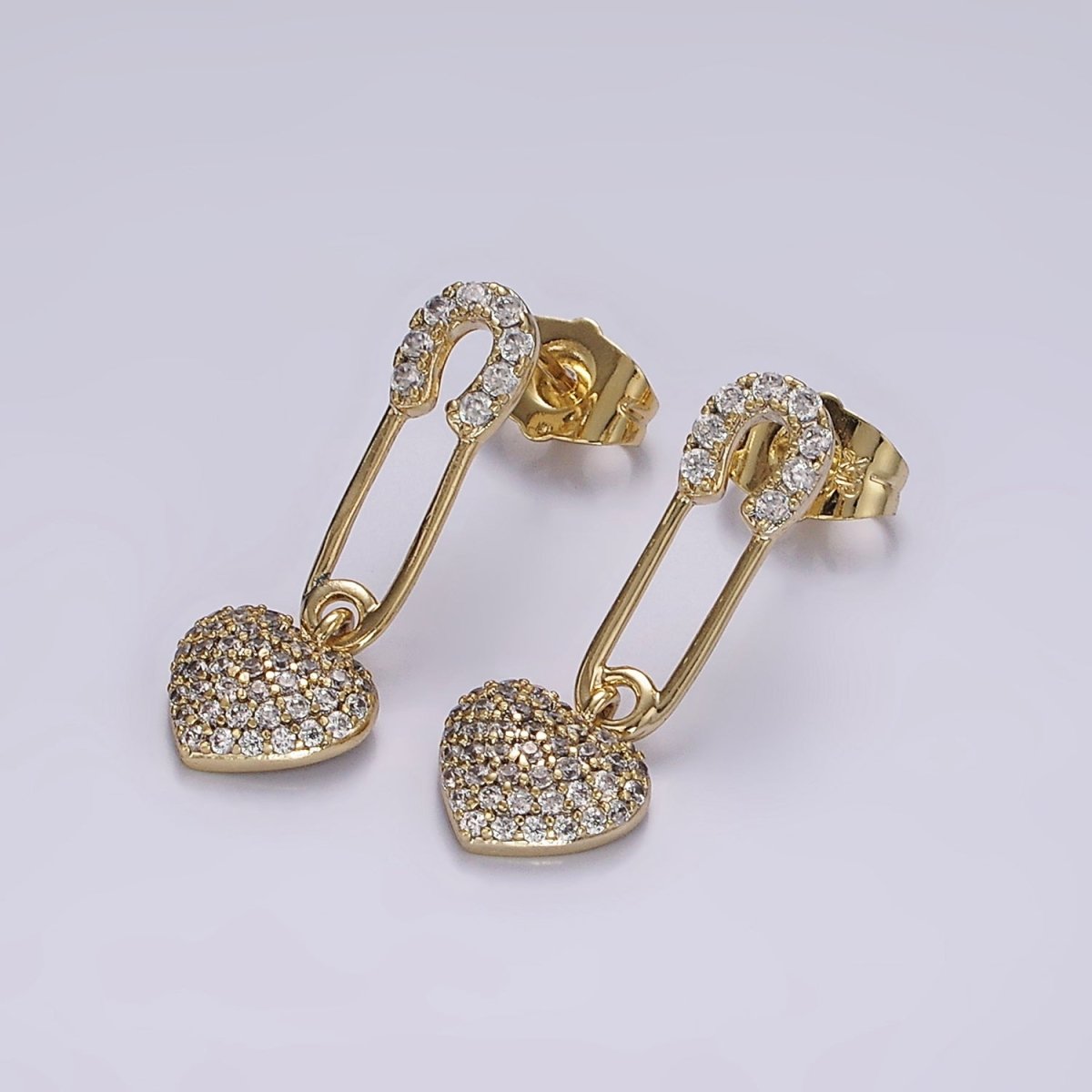 14K Gold Filled Heart Safety Pin Micro Paved CZ Drop Stud Earrings | AE409 - DLUXCA
