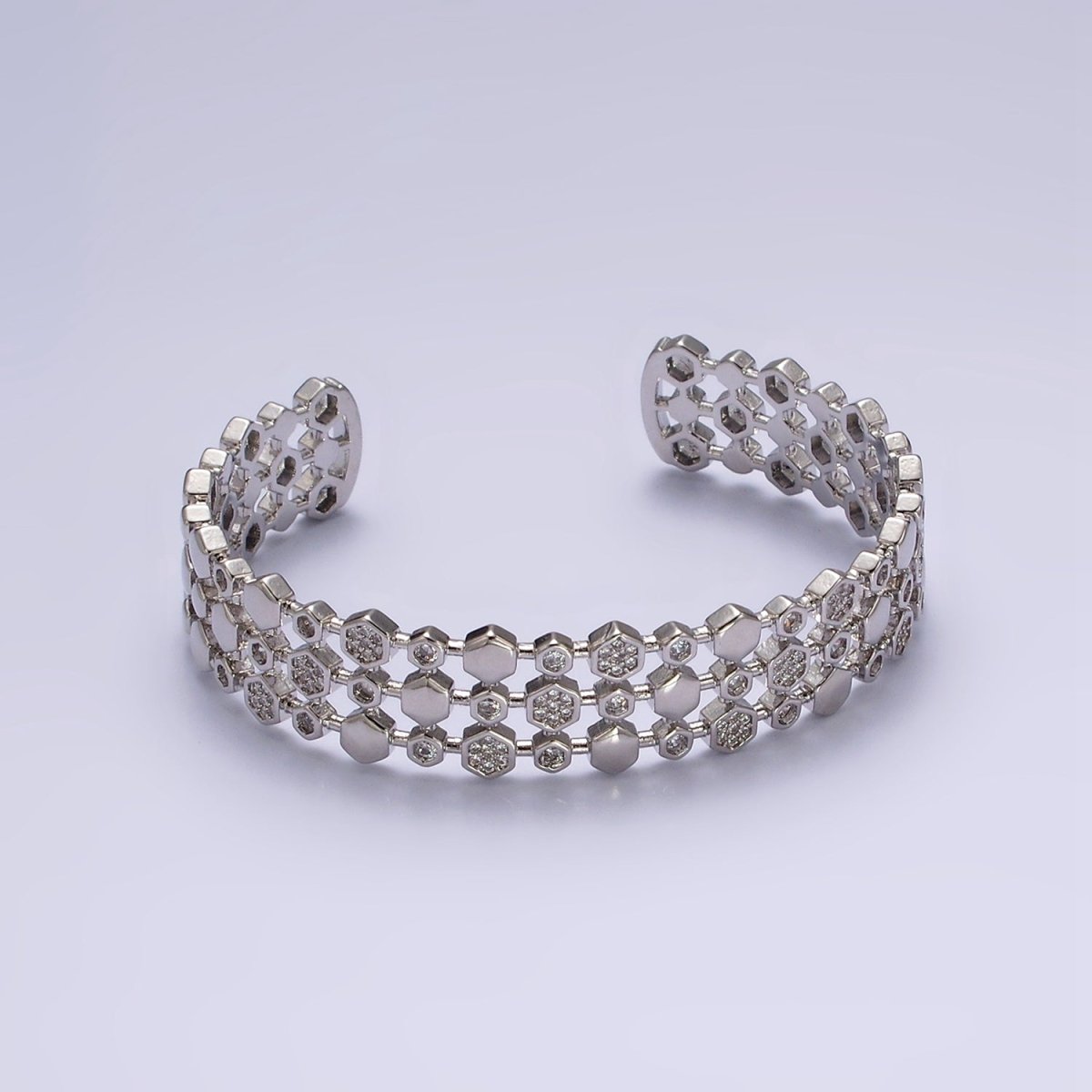 14K Gold Filled Hexagonal Micro Paved CZ Triple Lined Cuff Bangle Bracelet in Gold & Silver | WA-1916 WA-1917 Clearance Pricing