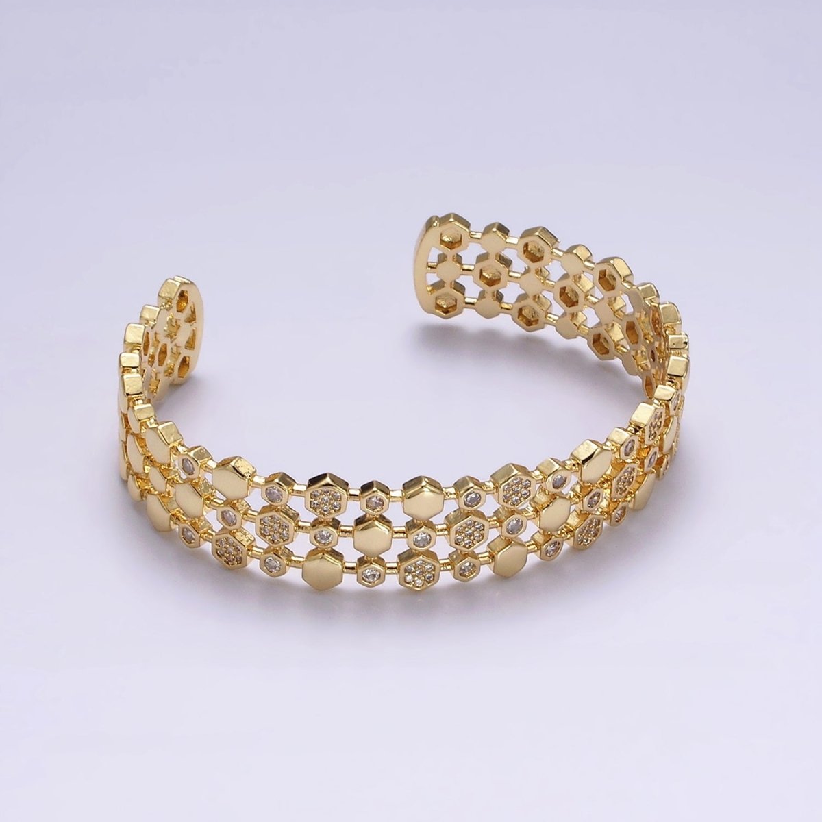 14K Gold Filled Hexagonal Micro Paved CZ Triple Lined Cuff Bangle Bracelet in Gold & Silver | WA-1916 WA-1917 Clearance Pricing