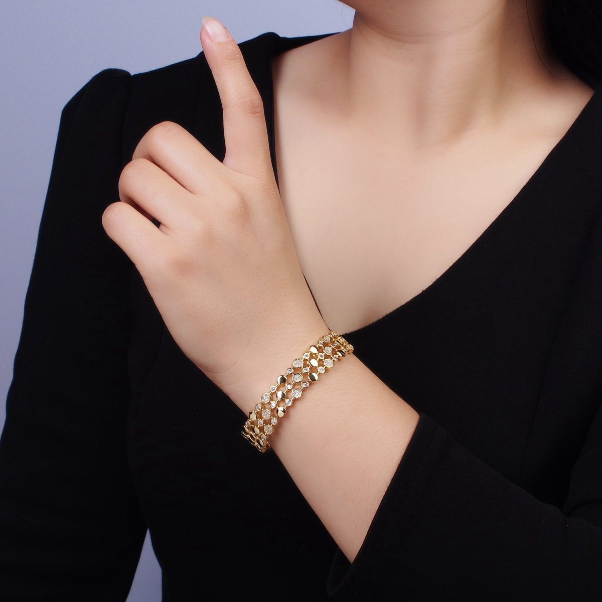 14K Gold Filled Hexagonal Micro Paved CZ Triple Lined Cuff Bangle Bracelet in Gold & Silver | WA-1916 WA-1917 Clearance Pricing