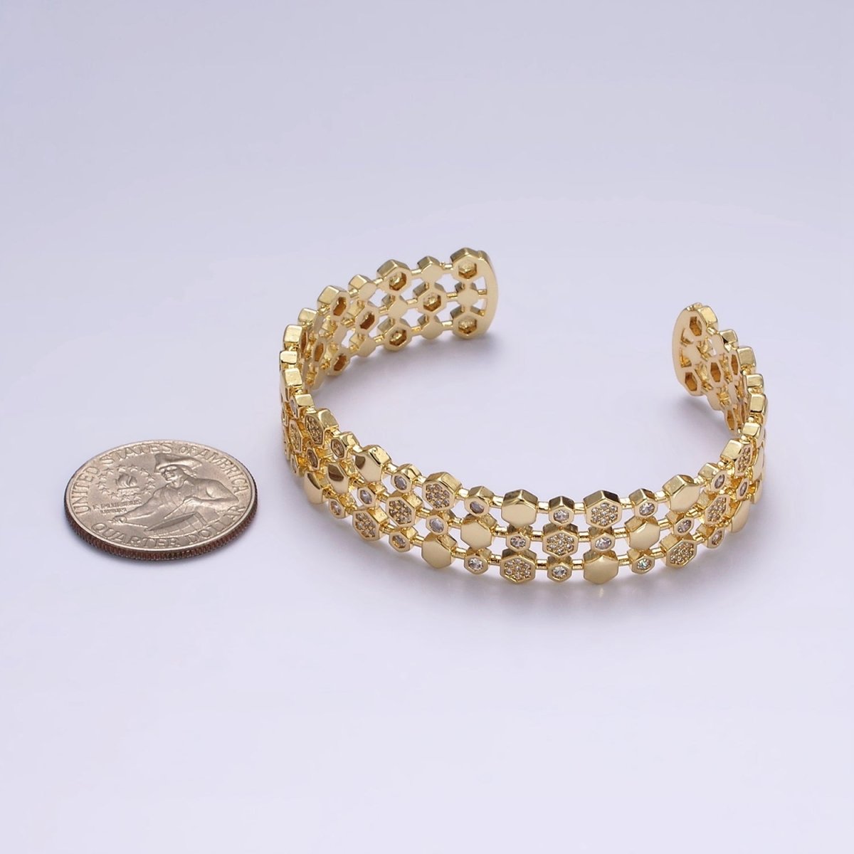14K Gold Filled Hexagonal Micro Paved CZ Triple Lined Cuff Bangle Bracelet in Gold & Silver | WA-1916 WA-1917 Clearance Pricing