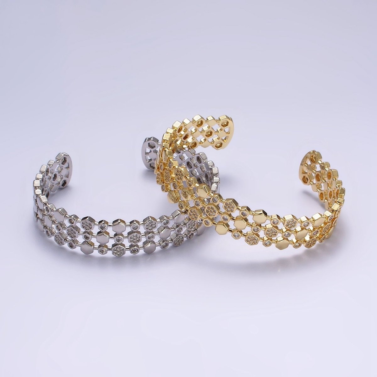 14K Gold Filled Hexagonal Micro Paved CZ Triple Lined Cuff Bangle Bracelet in Gold & Silver | WA-1916 WA-1917 Clearance Pricing