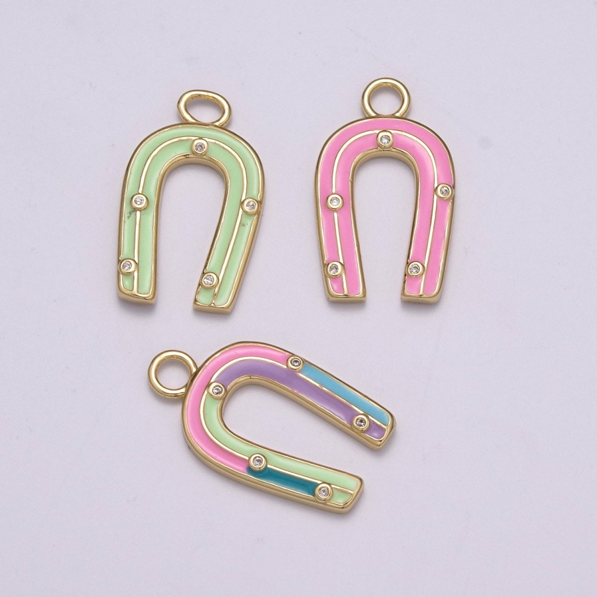 OS 14k Gold Filled Horseshoe Enamel Horse Shoe Charm Pendant Pink Green Rainbow Lucky Charm for Necklace Earring Bracelet, M-859-M-861
