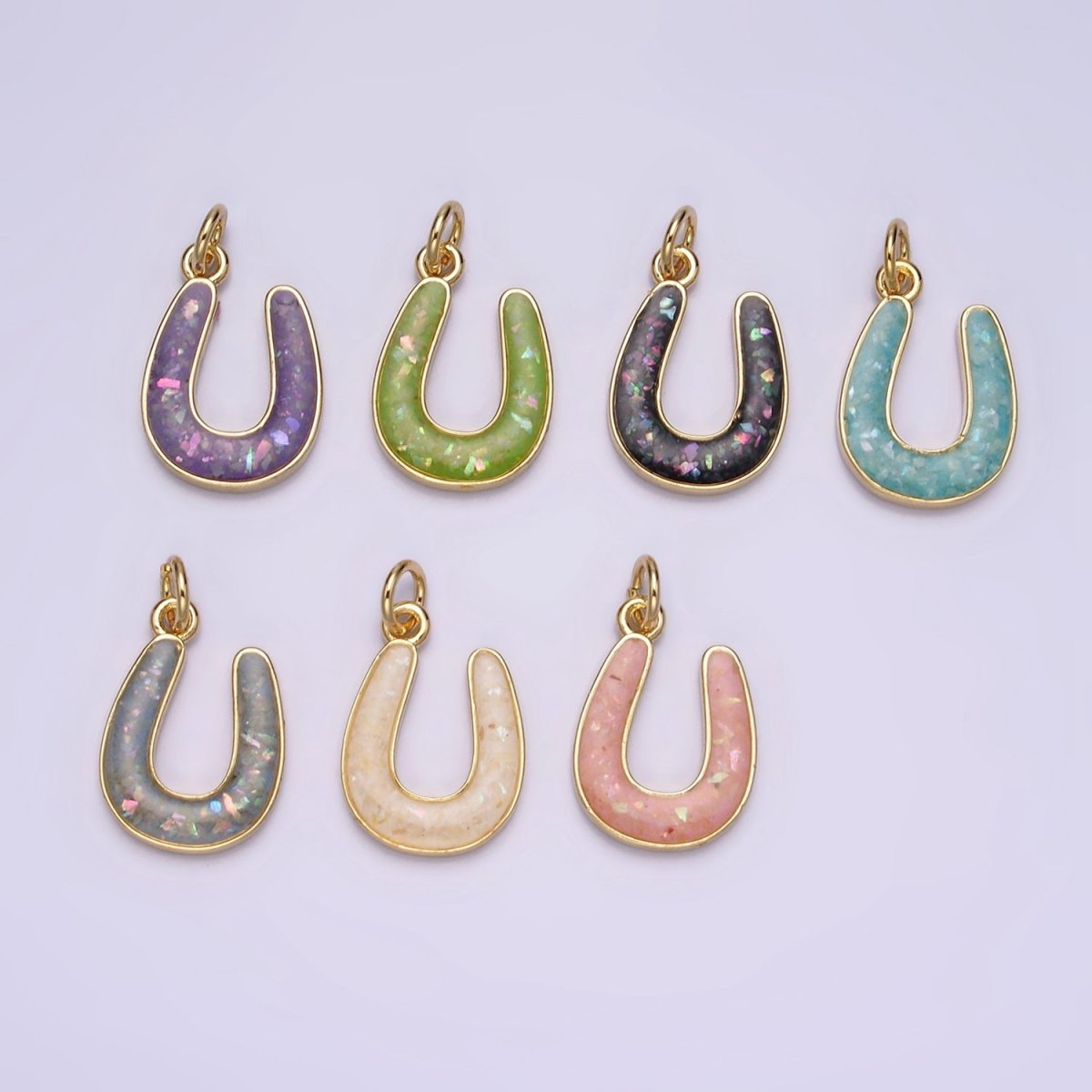 14K Gold Filled Horseshoe Green, Pink, Blue, Black, Purple, White, Grey Opal Enamel Charm Lucky Pendant | N1000 - N1006