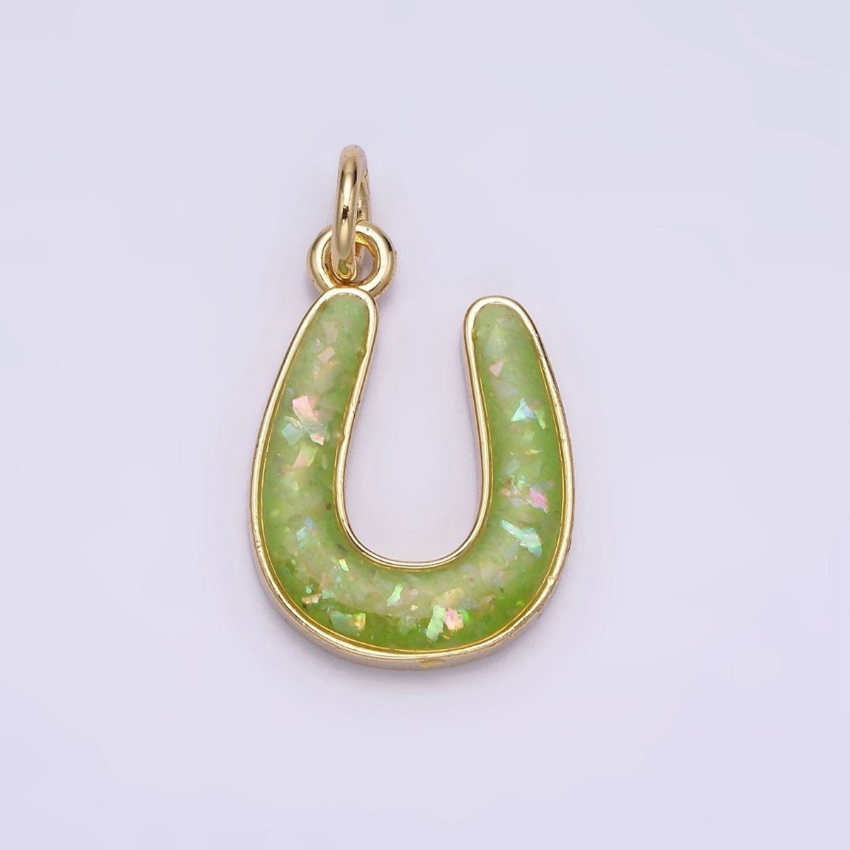 14K Gold Filled Horseshoe Green, Pink, Blue, Black, Purple, White, Grey Opal Enamel Charm Lucky Pendant | N1000 - N1006
