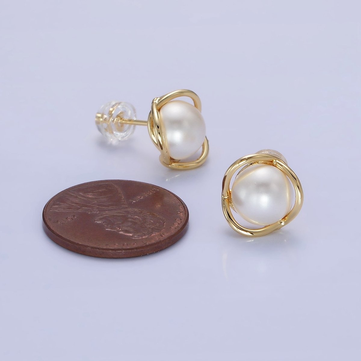 14K Gold Filled Iridescent Pearl Multiple Band Stud Earrings in Gold & Silver | Q034 Q035
