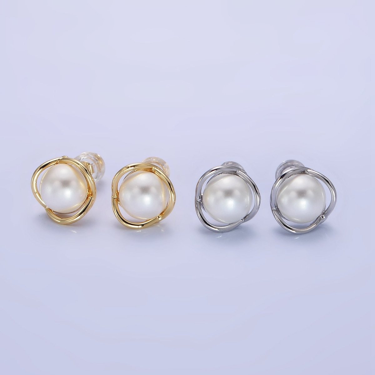 14K Gold Filled Iridescent Pearl Multiple Band Stud Earrings in Gold & Silver | Q034 Q035