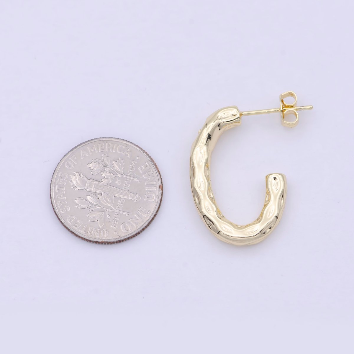 14K Gold Filled J Shaped Hammered Rustic Stud Hoops Earrings K-203 - DLUXCA