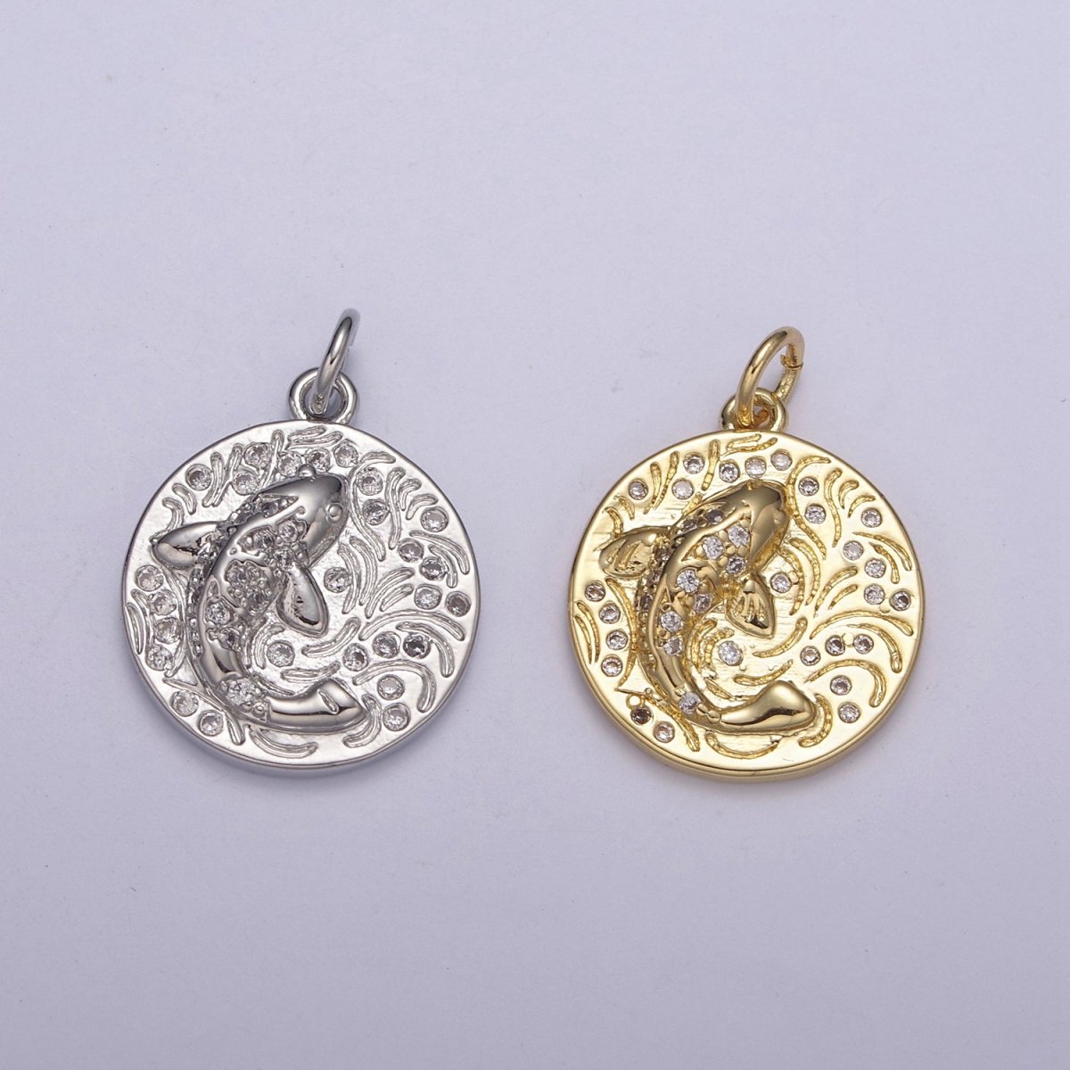 14K Gold Filled koi fish charm pendant Japanese koi carp disc Coin charm-Component supply Animal Jewelry N-254 N-255