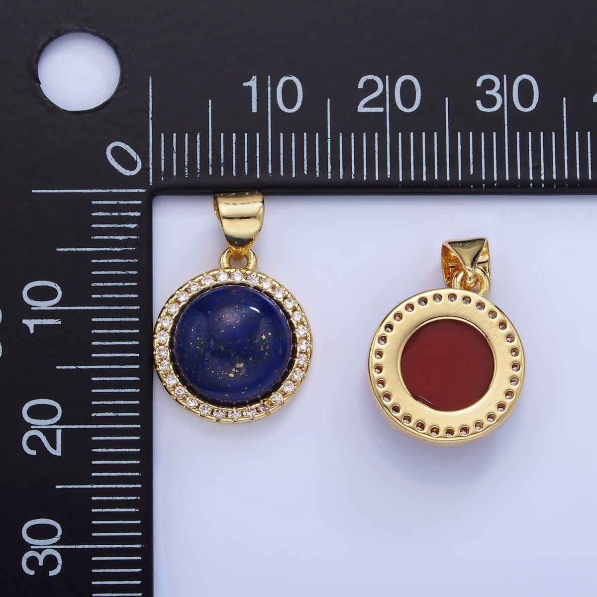 14K Gold Filled Lapis Lazuli, Carnelian Micro Paved CZ Round Pendant | AA1248