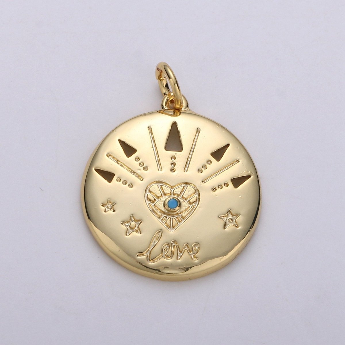 14k Gold FIlled Love Charm - Love medallion - Coin Disc charm - Blue Evil Eye pendant for Necklace Bracelet Earring Charm, D-679 - DLUXCA