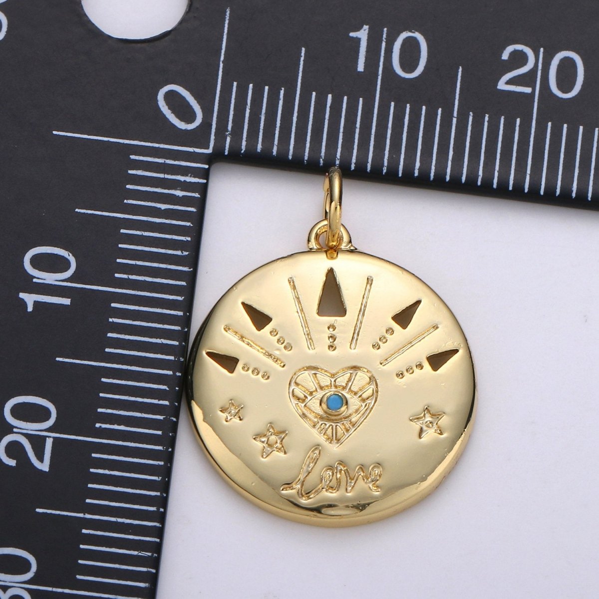 14k Gold FIlled Love Charm - Love medallion - Coin Disc charm - Blue Evil Eye pendant for Necklace Bracelet Earring Charm, D-679 - DLUXCA