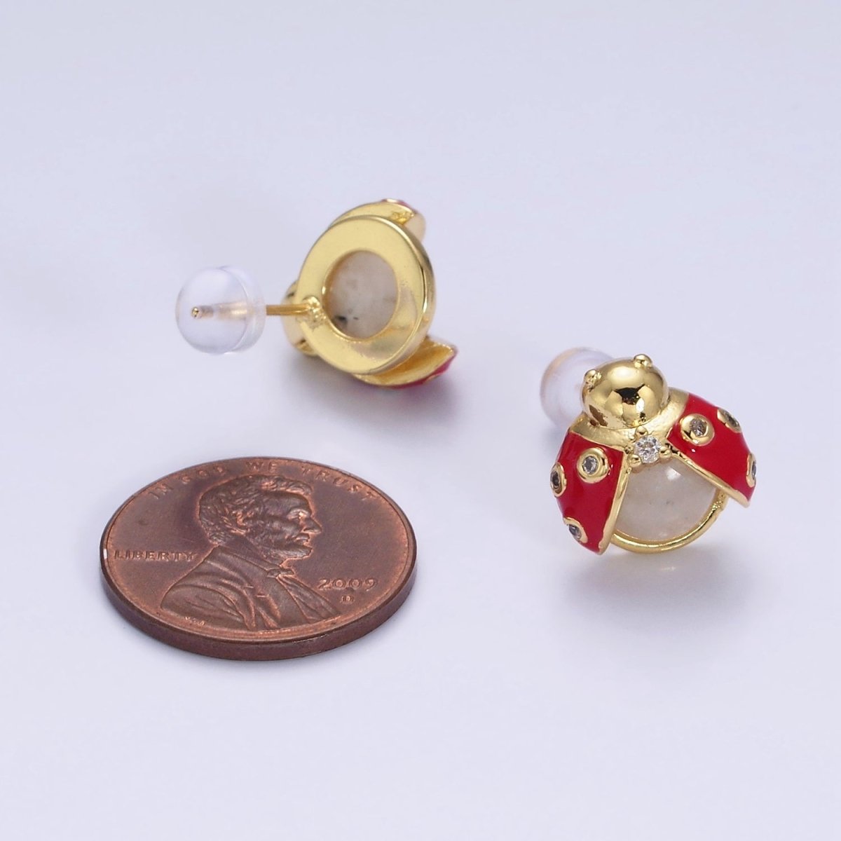 14K Gold Filled Lucky Ladybug Moonstone Gemstone Red Enamel CZ Stud Earrings | Y-897 - DLUXCA
