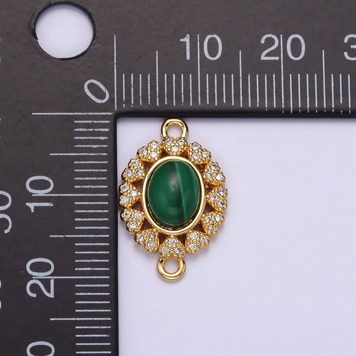 14K Gold Filled Malachite Cabochon Micro Paved CZ Heart Lined Oval Connector G-807 - DLUXCA
