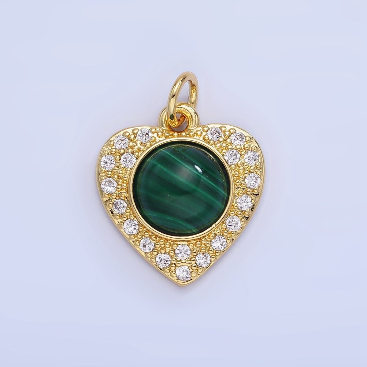 14K Gold Filled Malachite, Carnelian Micro Paved CZ Heart Charm | W565