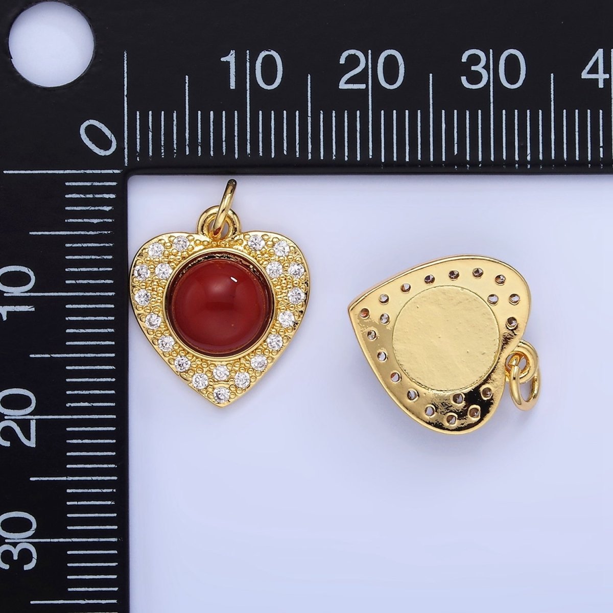 14K Gold Filled Malachite, Carnelian Micro Paved CZ Heart Charm | W565