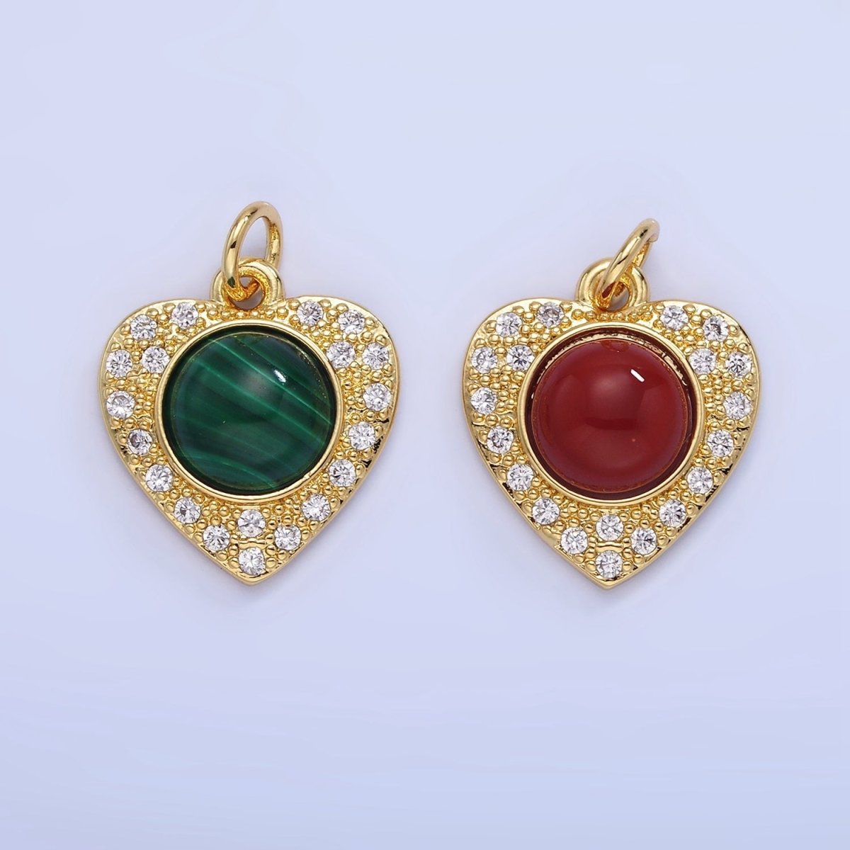 14K Gold Filled Malachite, Carnelian Micro Paved CZ Heart Charm | W565
