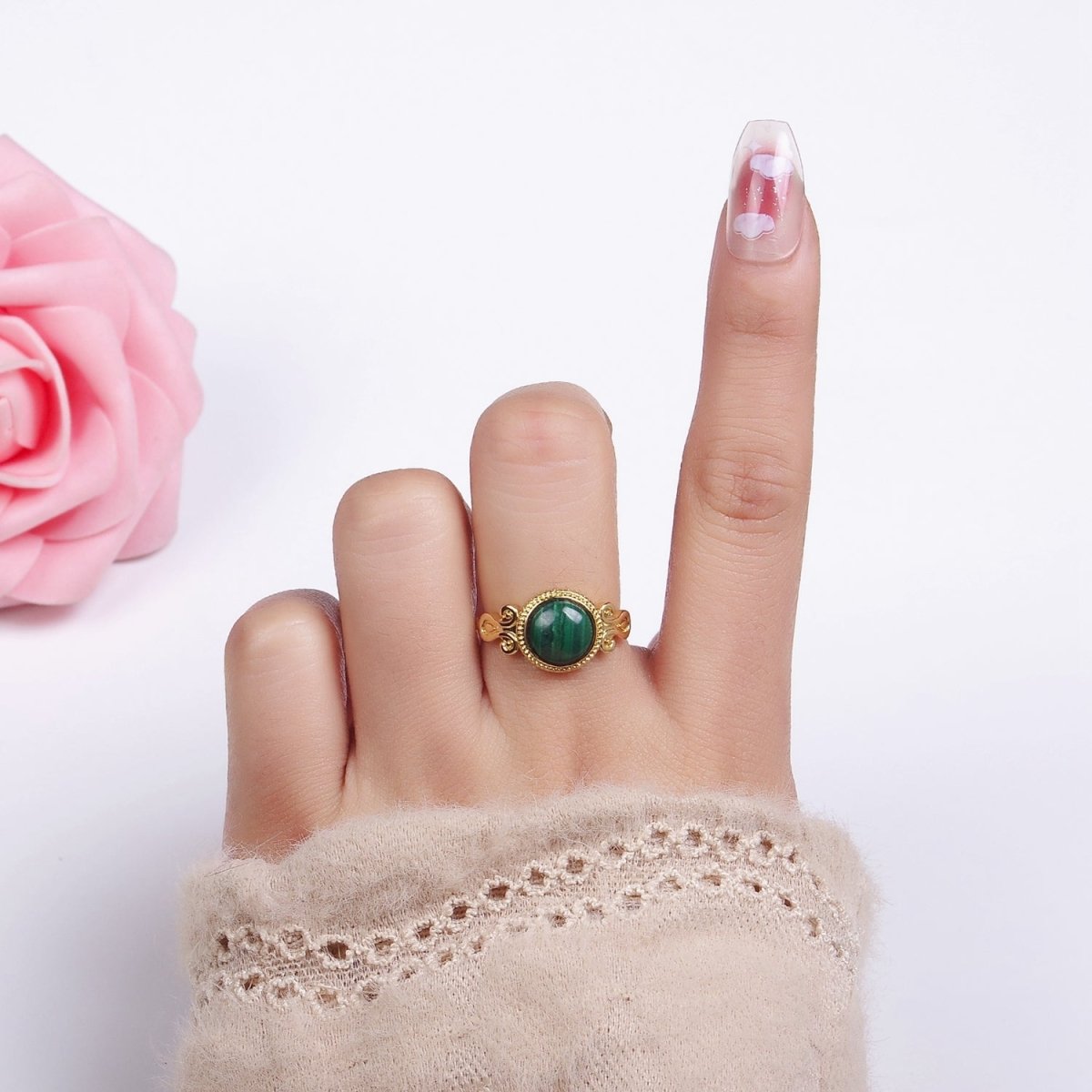 14K Gold Filled Malachite Croissant Bezel Artisan Ring | O1342 - DLUXCA
