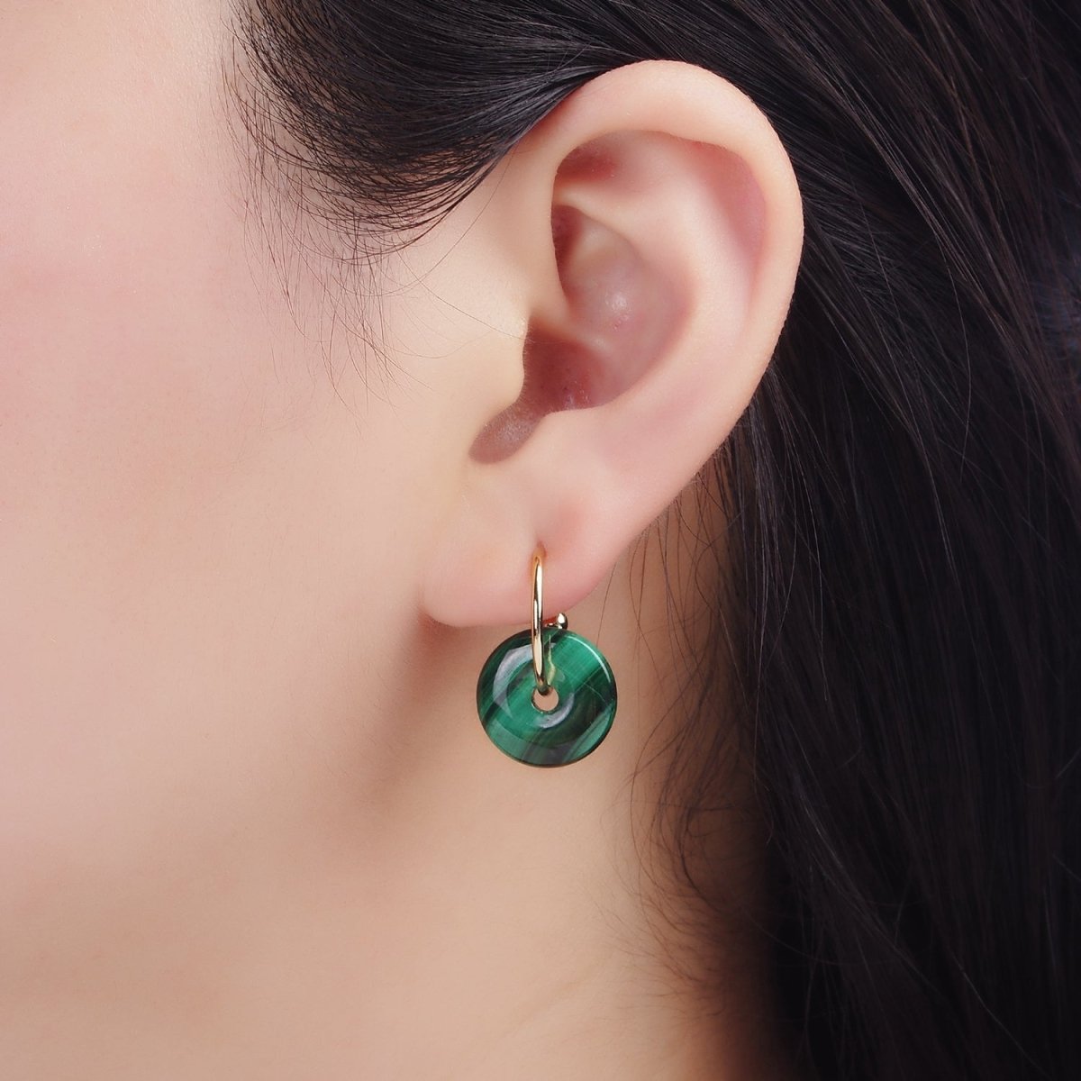14K Gold Filled Malachite Gemstone Drop C-Shaped Hoop Earrings | AE531 - DLUXCA