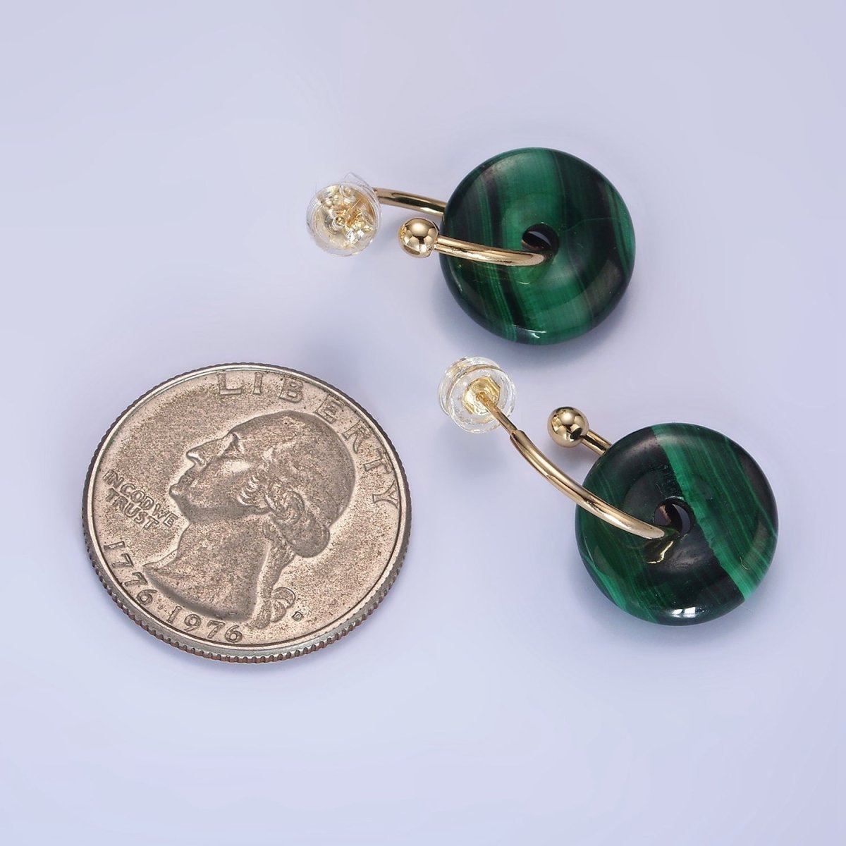 14K Gold Filled Malachite Gemstone Drop C-Shaped Hoop Earrings | AE531 - DLUXCA