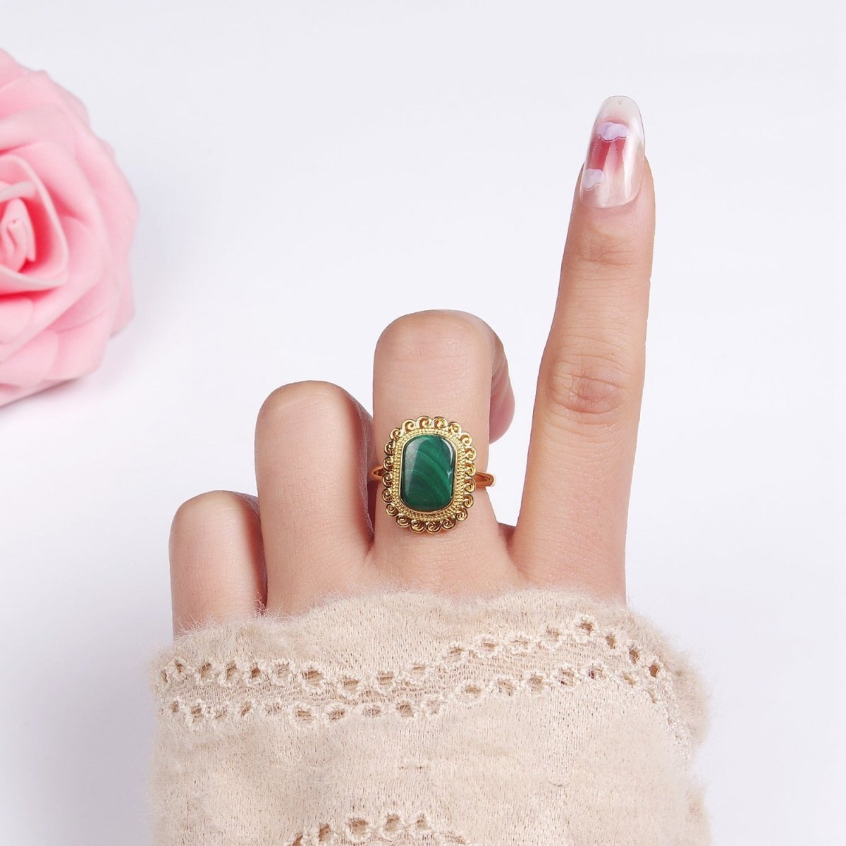 14K Gold Filled Malachite Gemstone Elaborate Artisan Ring | O1352 - DLUXCA