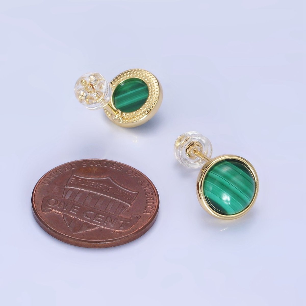 14K Gold Filled Malachite Gemstone Round Bezel Stud Earrings | AB1404 - DLUXCA