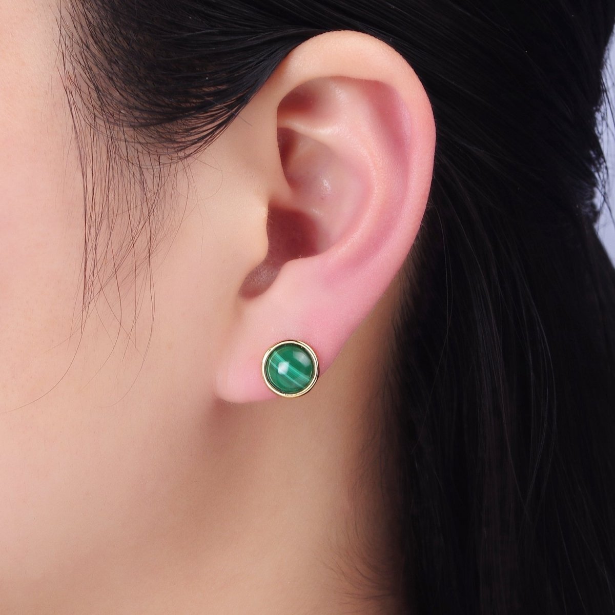 14K Gold Filled Malachite Gemstone Round Bezel Stud Earrings | AB1404 - DLUXCA