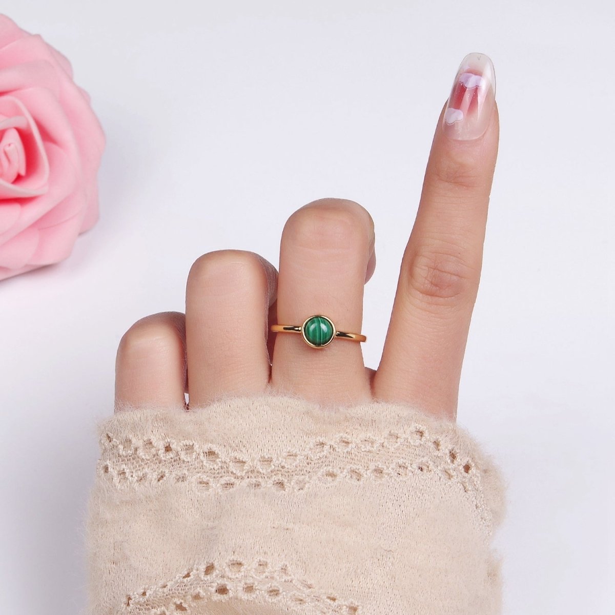 14K Gold Filled Malachite Gemstone Solitaire Ring | O1357 - DLUXCA
