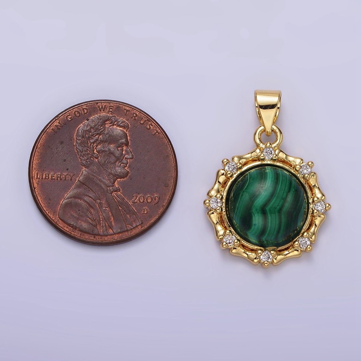 14K Gold Filled Malachite, Labradorite Round Bamboo CZ Lined Pendant | AA676 AA677