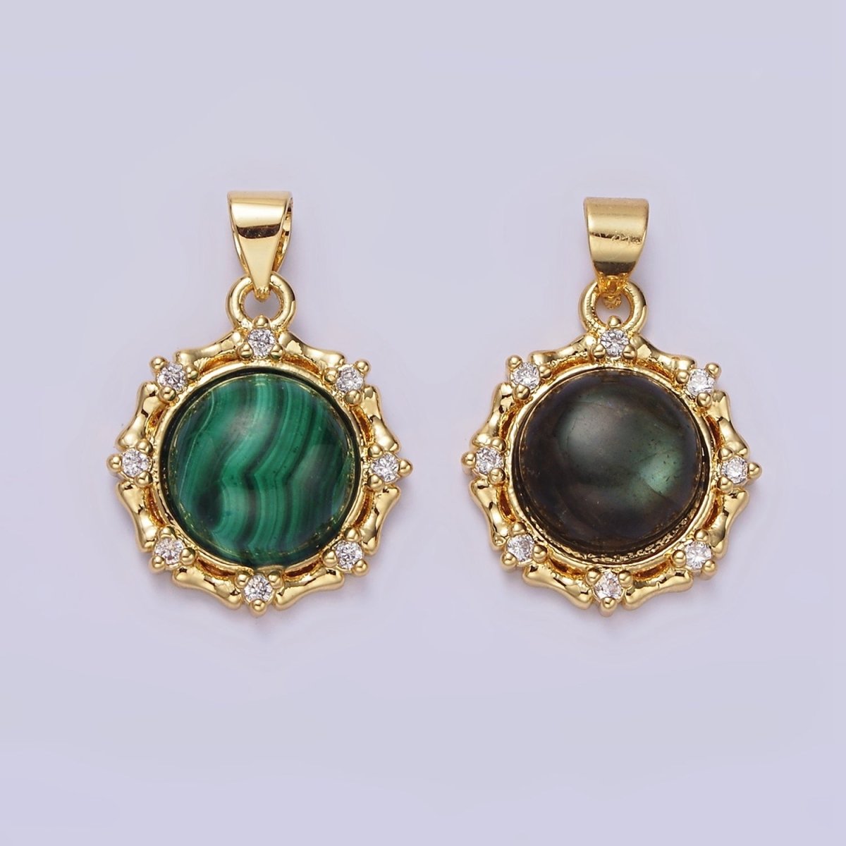 14K Gold Filled Malachite, Labradorite Round Bamboo CZ Lined Pendant | AA676 AA677