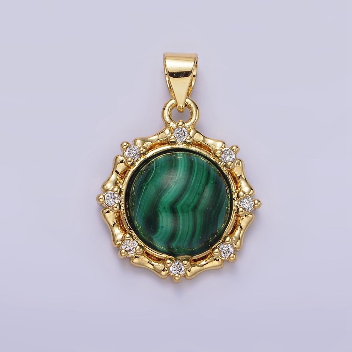 14K Gold Filled Malachite, Labradorite Round Bamboo CZ Lined Pendant | AA676 AA677