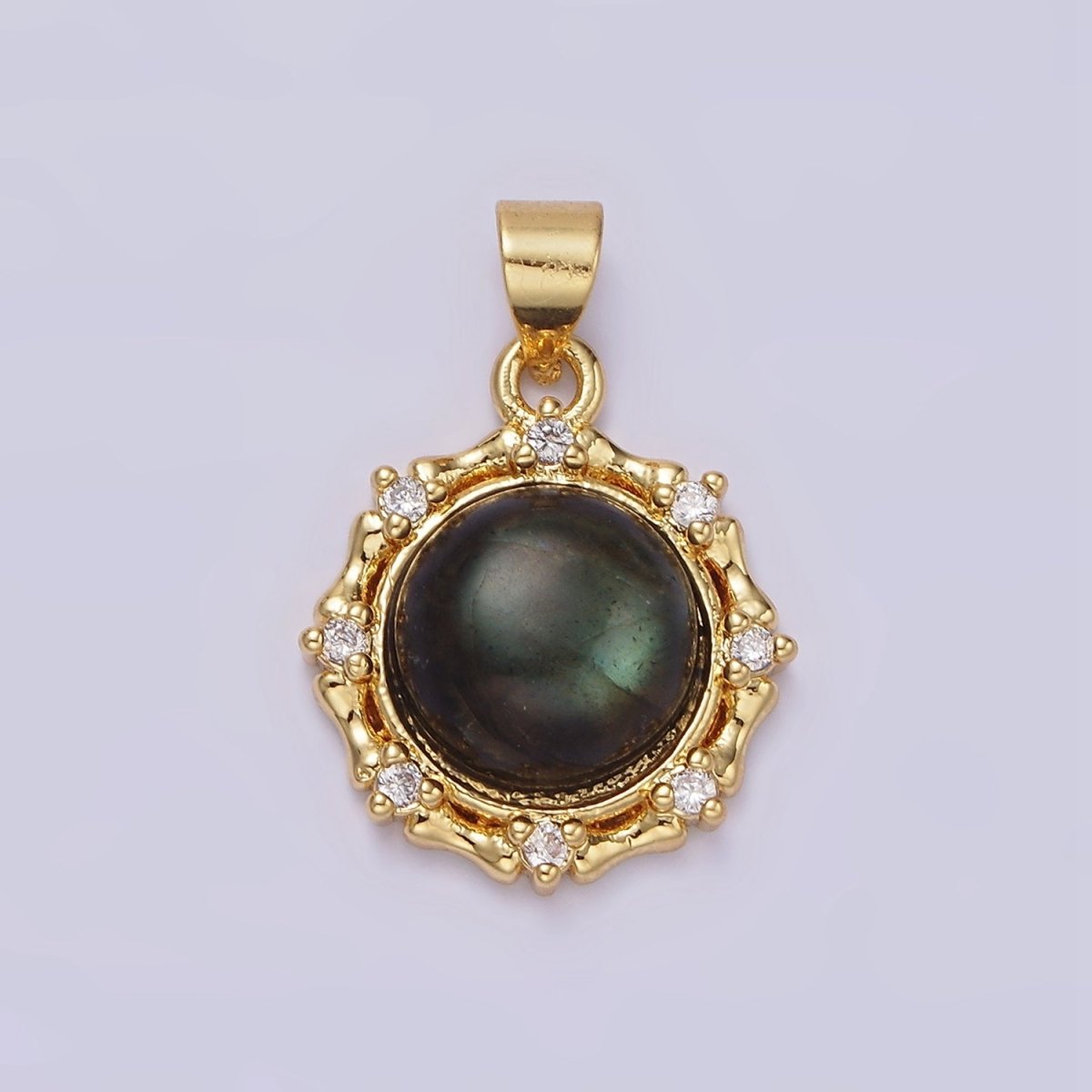 14K Gold Filled Malachite, Labradorite Round Bamboo CZ Lined Pendant | AA676 AA677
