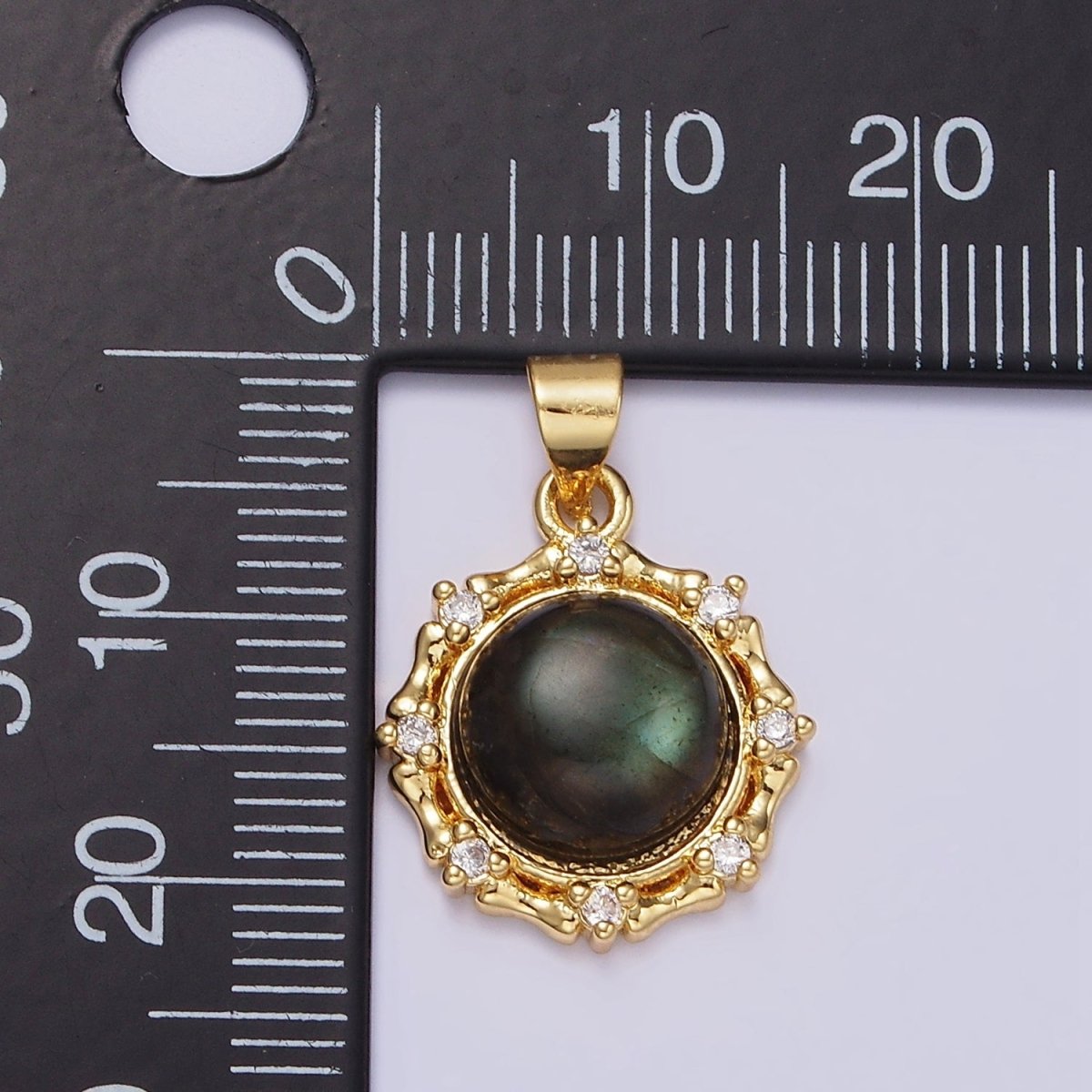 14K Gold Filled Malachite, Labradorite Round Bamboo CZ Lined Pendant | AA676 AA677