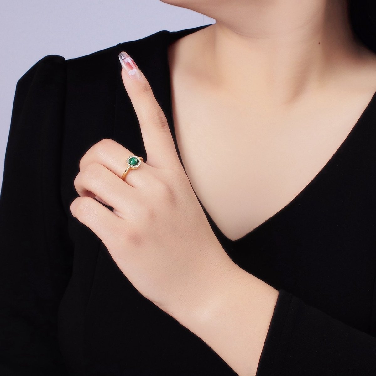 14K Gold Filled Malachite Micro Paved CZ Round Ring | O1356 - DLUXCA
