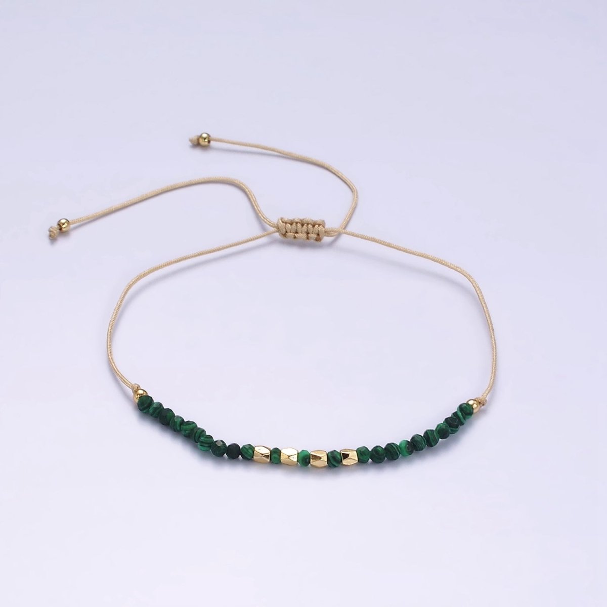 14K Gold Filled Malachite Multifaceted Taupe Beige Cotton String Slider Bracelet | WA-2190 - WA-2192 Clearance Pricing