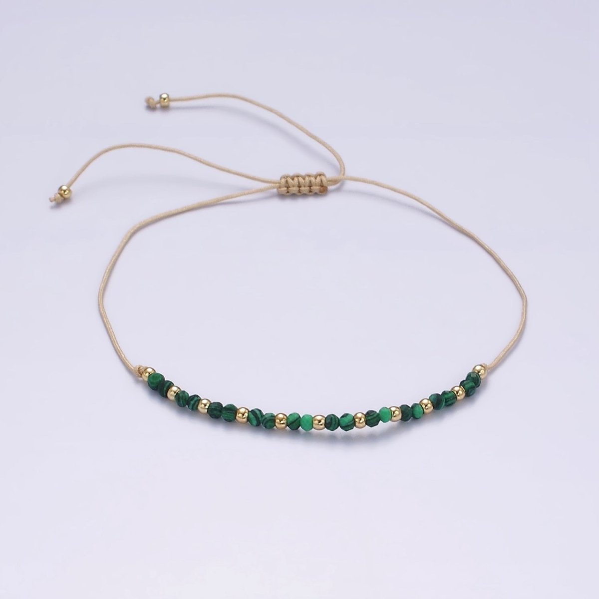 14K Gold Filled Malachite Multifaceted Taupe Beige Cotton String Slider Bracelet | WA-2190 - WA-2192 Clearance Pricing