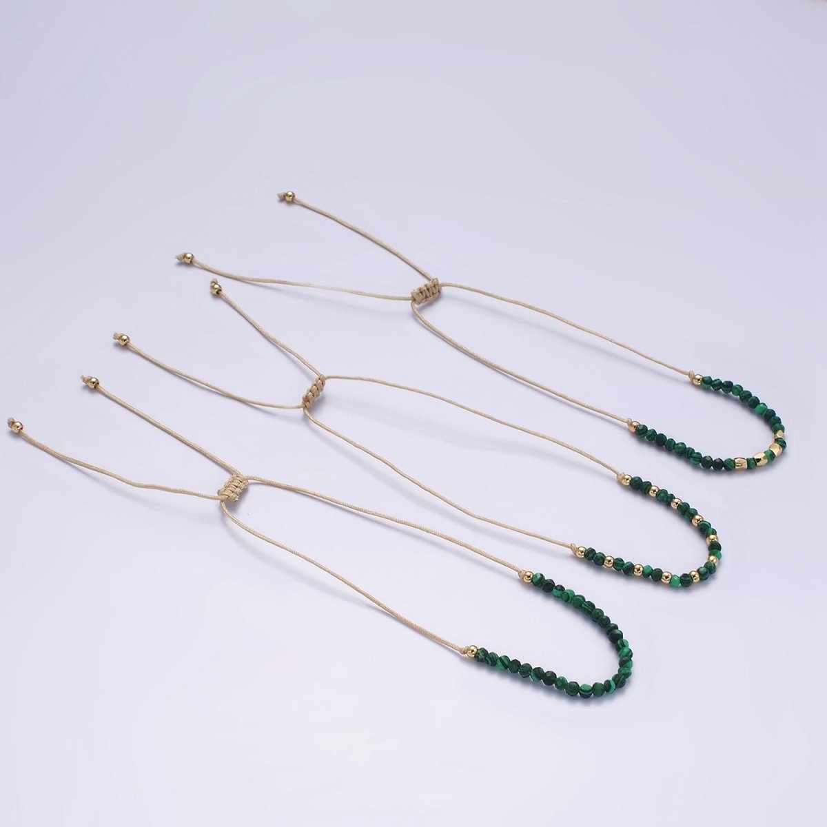 14K Gold Filled Malachite Multifaceted Taupe Beige Cotton String Slider Bracelet | WA-2190 - WA-2192 Clearance Pricing