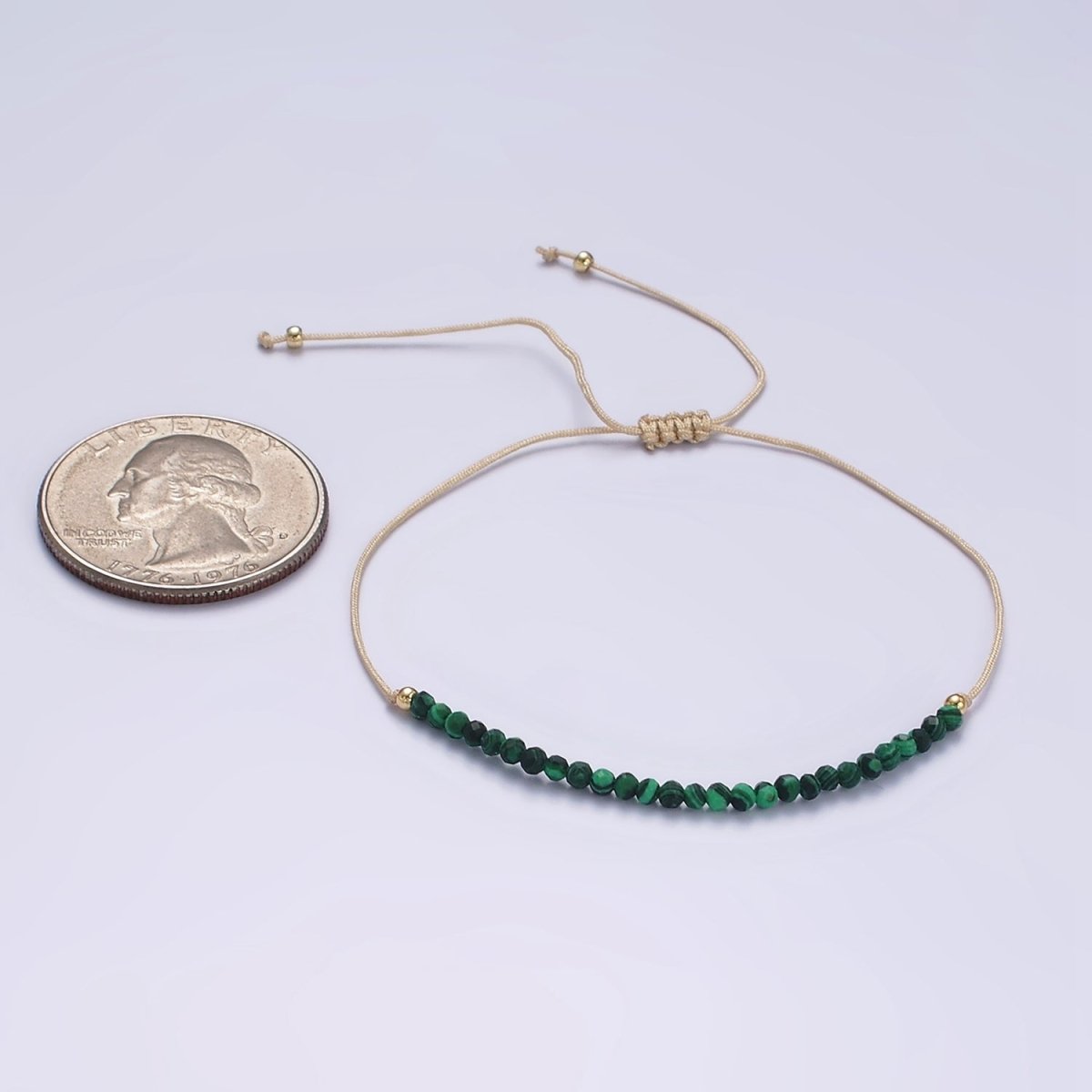14K Gold Filled Malachite Multifaceted Taupe Beige Cotton String Slider Bracelet | WA-2190 - WA-2192 Clearance Pricing