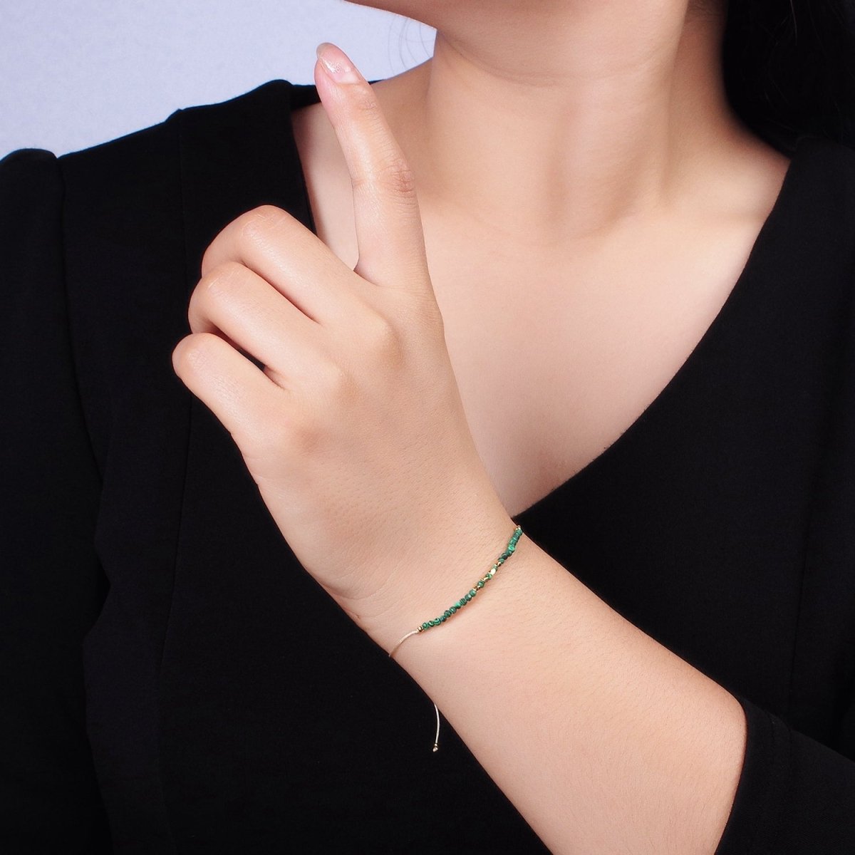 14K Gold Filled Malachite Multifaceted Taupe Beige Cotton String Slider Bracelet | WA-2190 - WA-2192 Clearance Pricing