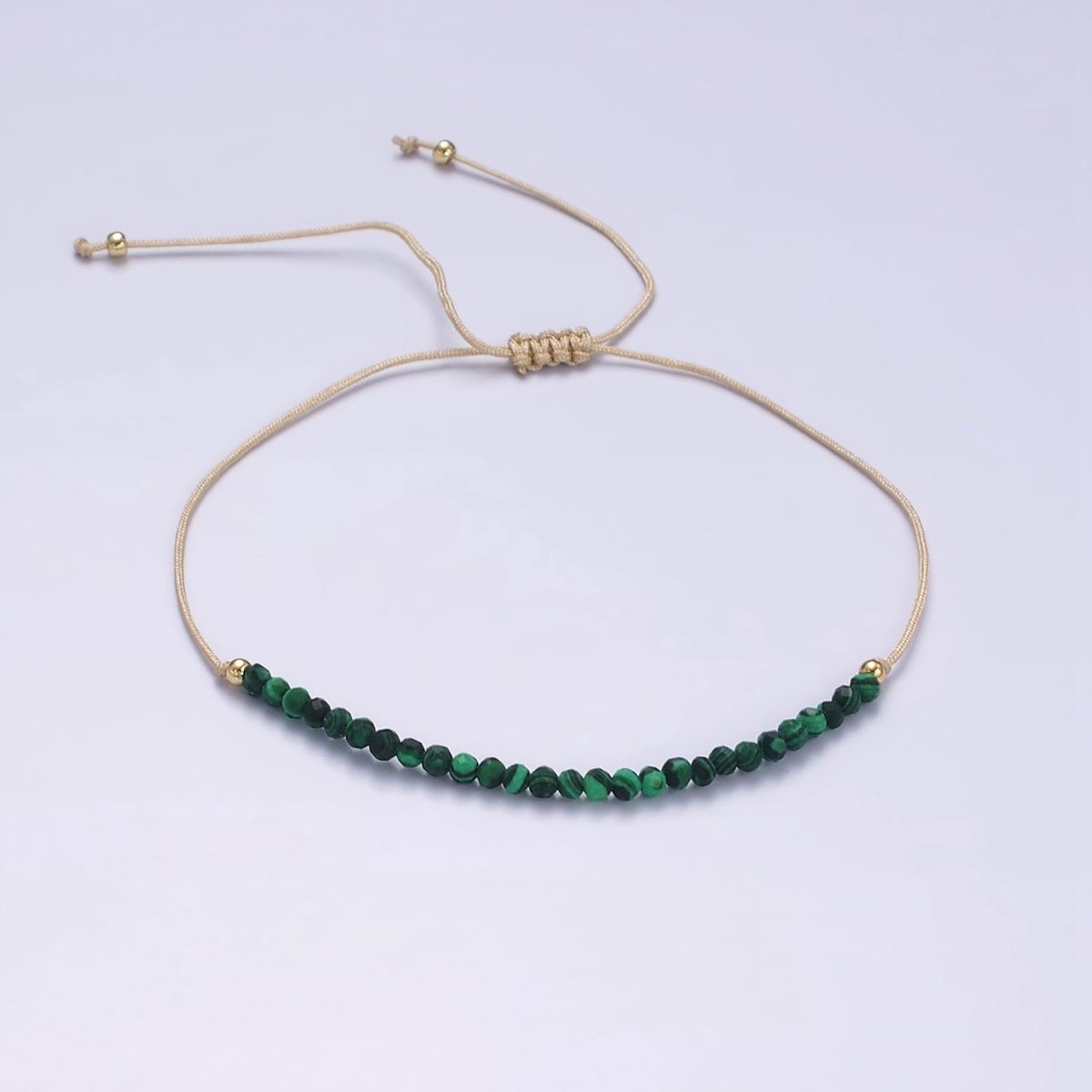 14K Gold Filled Malachite Multifaceted Taupe Beige Cotton String Slider Bracelet | WA-2190 - WA-2192 Clearance Pricing