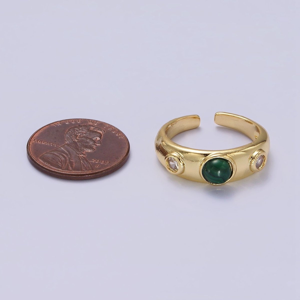 14K Gold Filled Malachite Natural Gemstone Triple Round CZ Ring | O-590 - DLUXCA