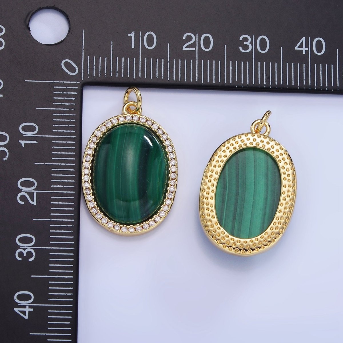 14K Gold Filled Malachite Oval Micro Paved CZ Bezel Charm | W667 - DLUXCA