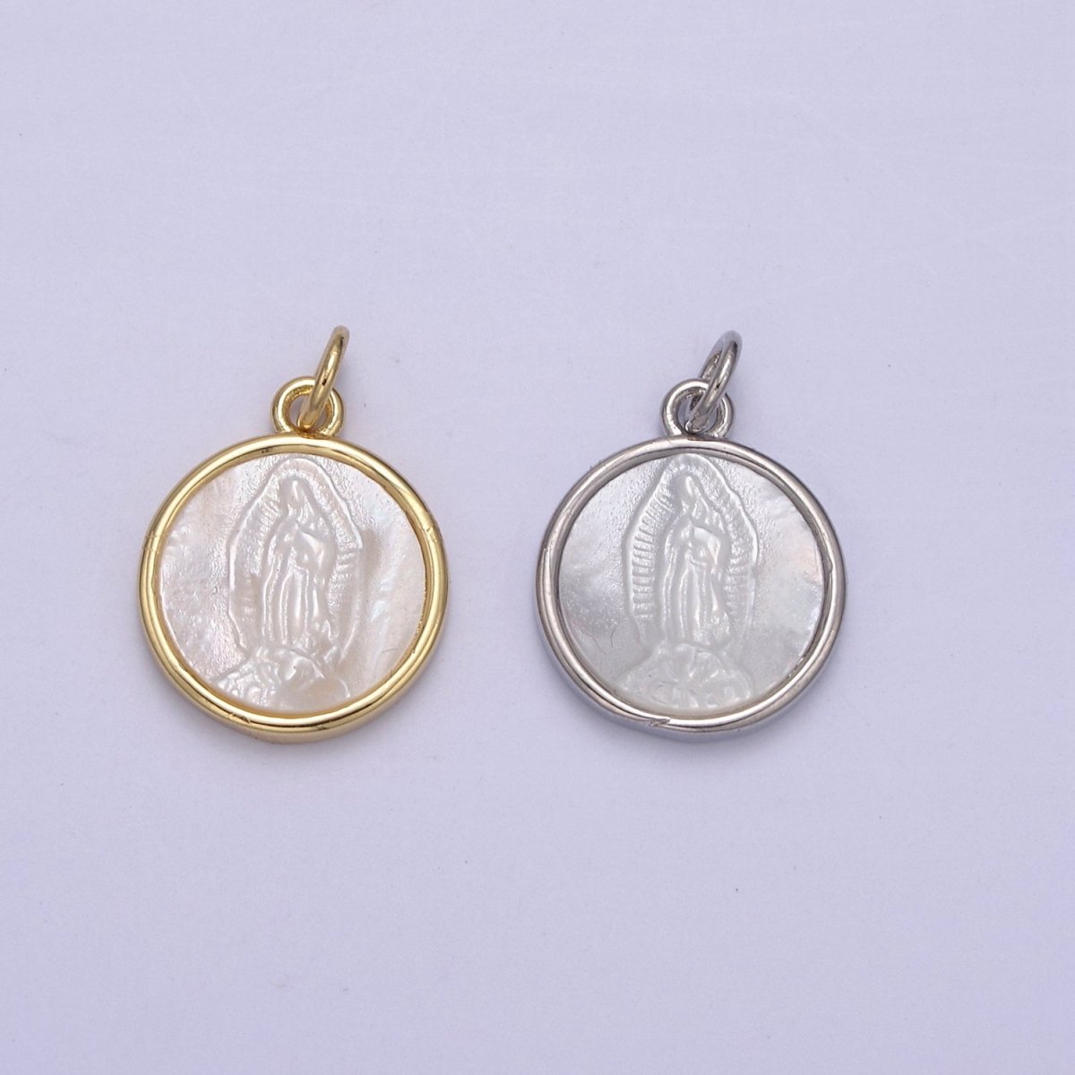 14K Gold Filled Mary Lady Guadalupe Shell Pearl Round Charm in Gold & Silver N-860 N-861