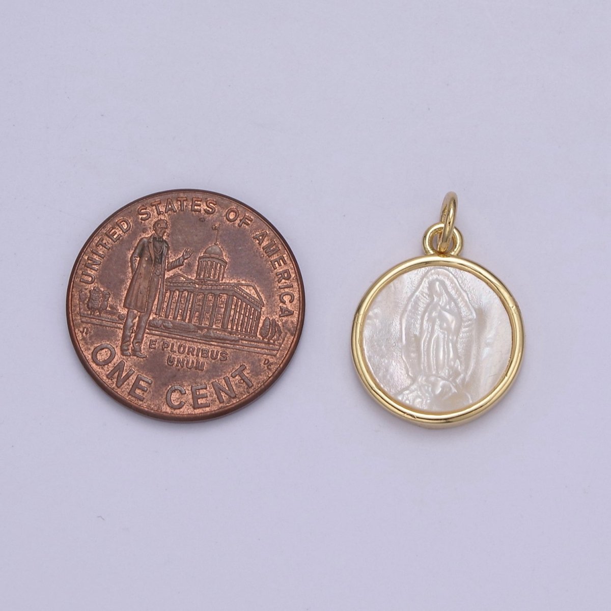14K Gold Filled Mary Lady Guadalupe Shell Pearl Round Charm in Gold & Silver N-860 N-861