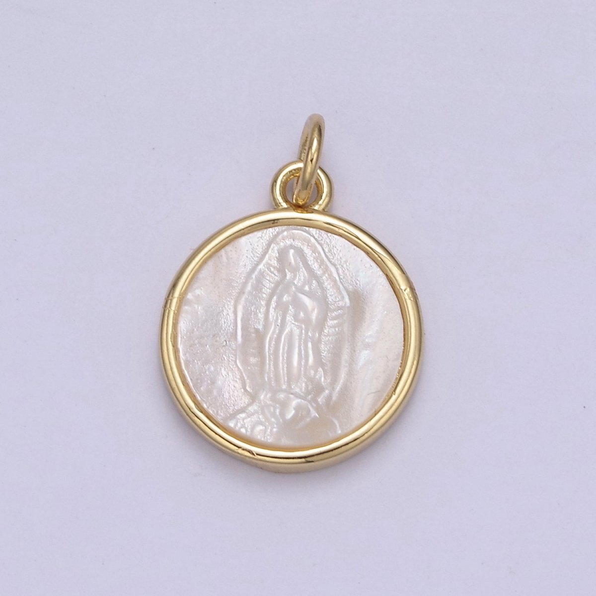 14K Gold Filled Mary Lady Guadalupe Shell Pearl Round Charm in Gold & Silver N-860 N-861