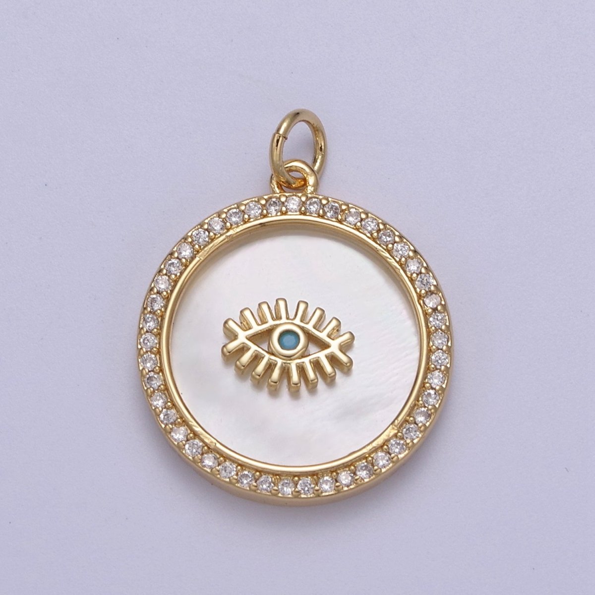 14K Gold Filled Medallion Charm Mother of Pearl, Micro Pave Evil eye Pendant For Minimalist Jewelry N-633 N-634