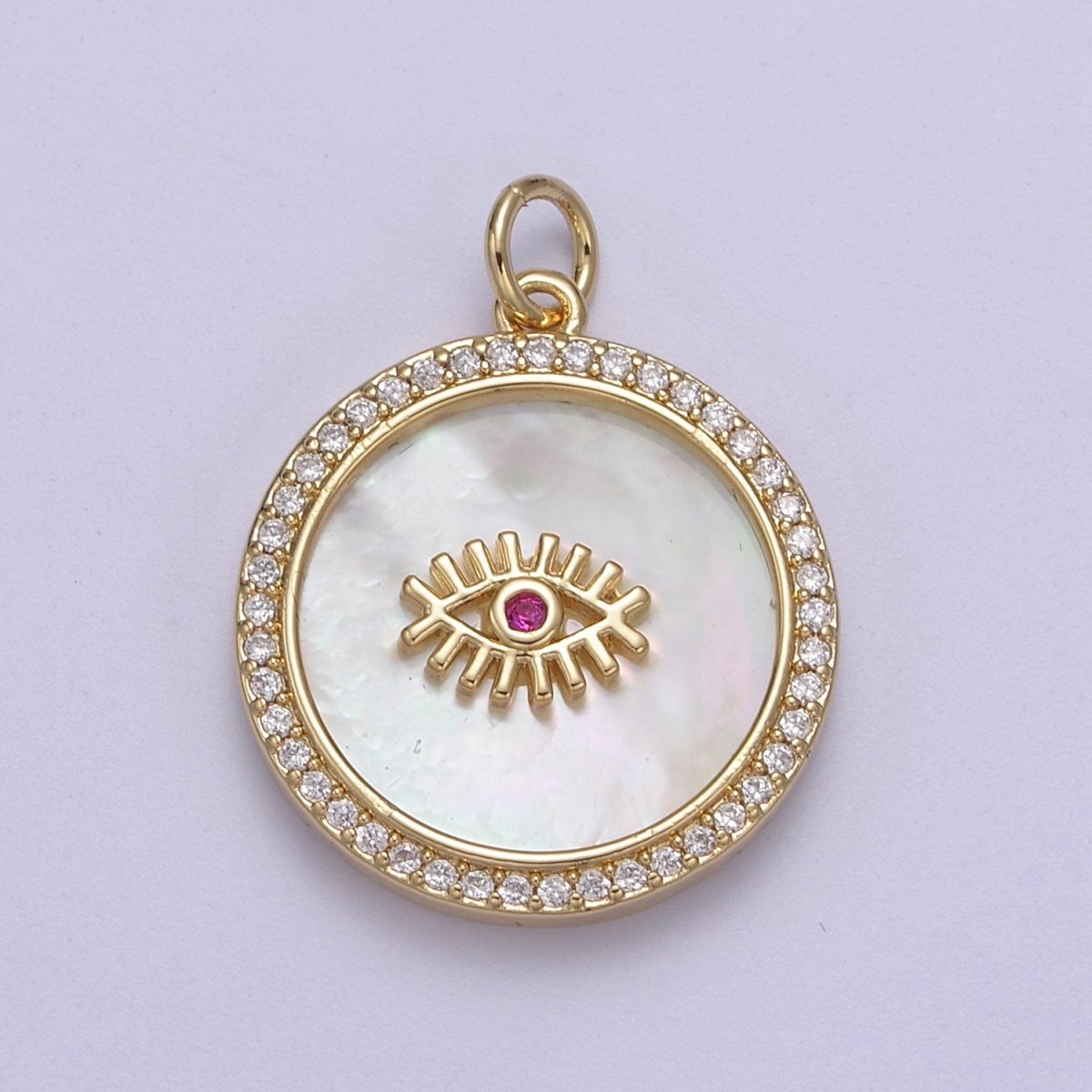14K Gold Filled Medallion Charm Mother of Pearl, Micro Pave Evil eye Pendant For Minimalist Jewelry N-633 N-634