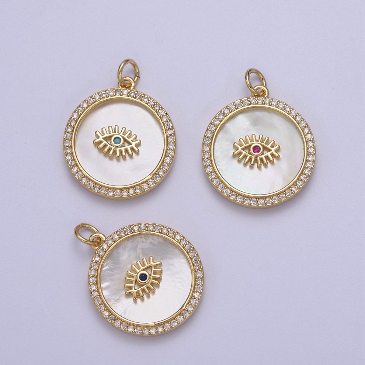 14K Gold Filled Medallion Charm Mother of Pearl, Micro Pave Evil eye Pendant For Minimalist Jewelry N-633 N-634