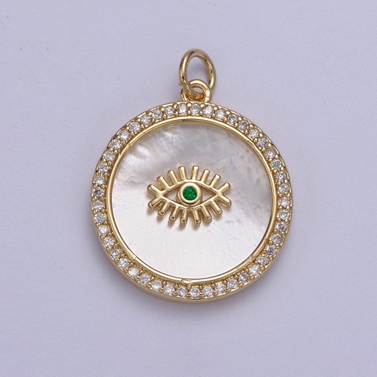 14K Gold Filled Medallion Charm Mother of Pearl, Micro Pave Evil eye Pendant For Minimalist Jewelry N-633 N-634