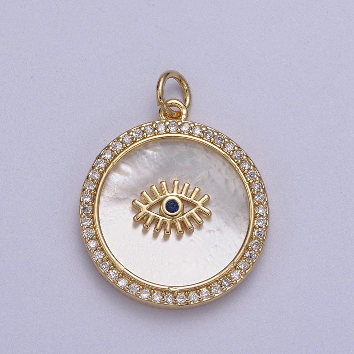 14K Gold Filled Medallion Charm Mother of Pearl, Micro Pave Evil eye Pendant For Minimalist Jewelry N-633 N-634